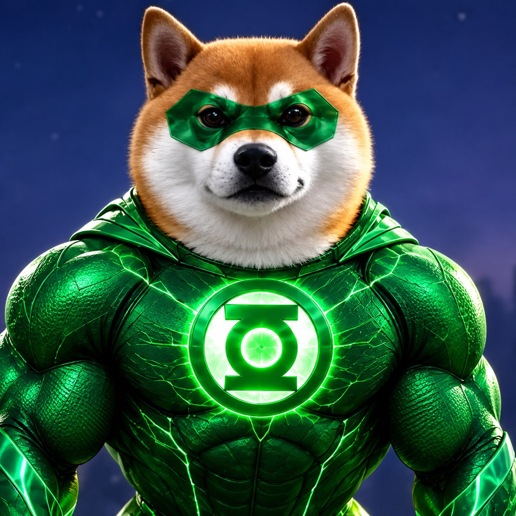 Green Lantern Inu — a shiba in a glowing green suit and mask